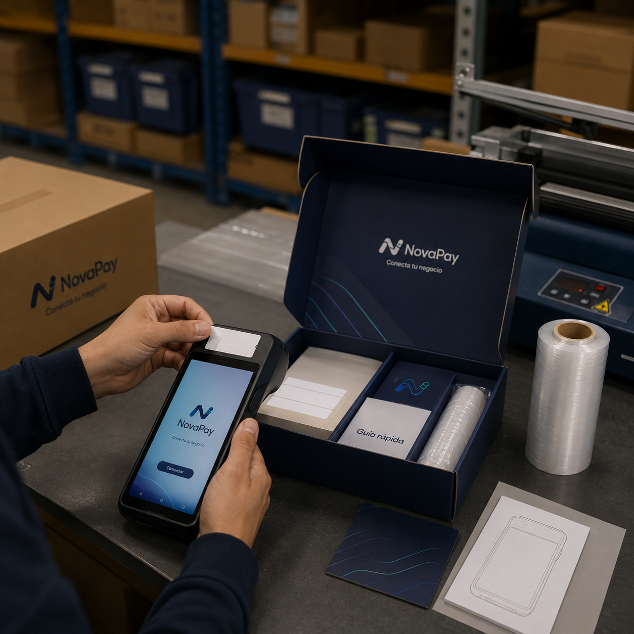 Caja de rebranding con stickers, guía rápida y materiales de empaque personalizados